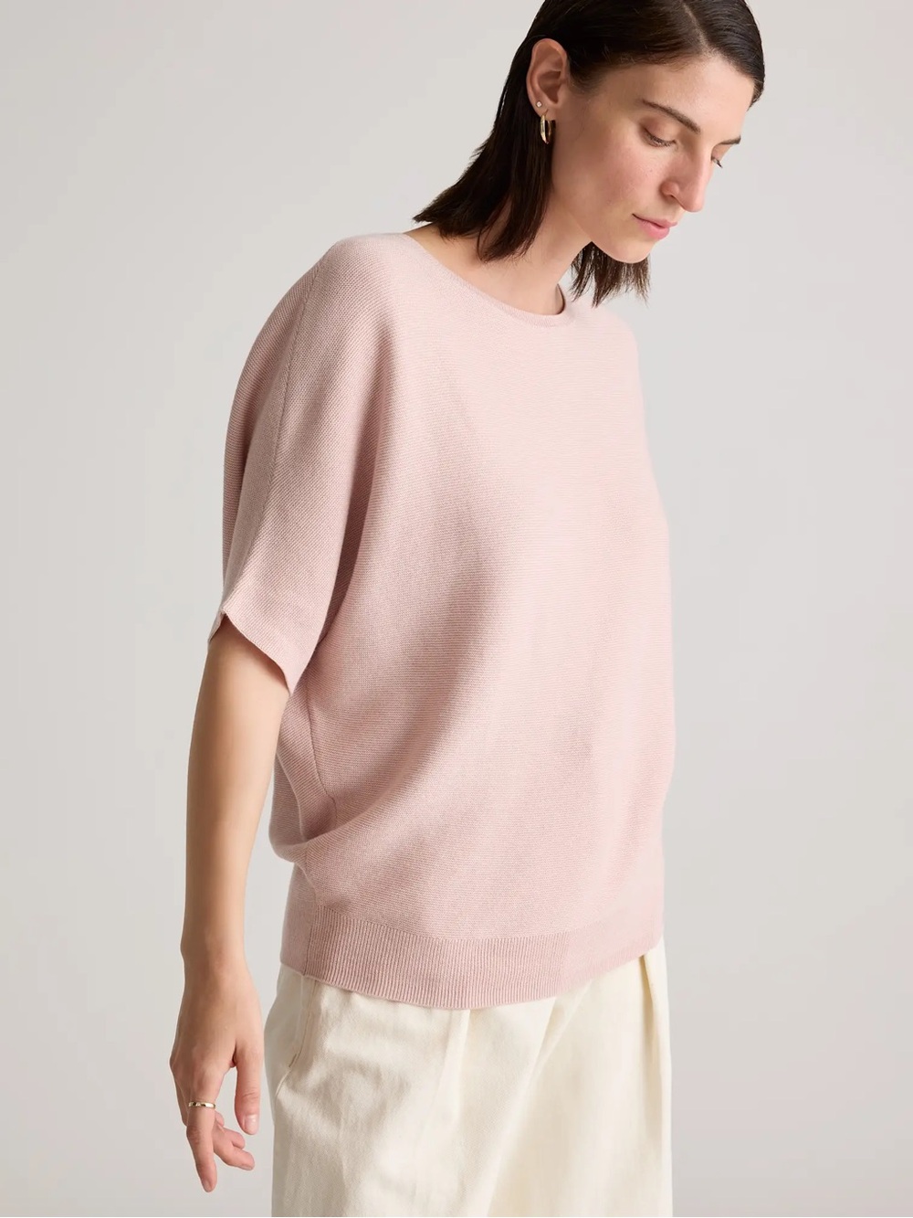 Quince Lightweight Cotton Cashmere Link-Stitch Dolman Sweater Sugar Stone Pink S